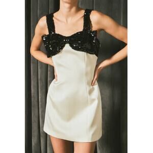 Endless Rose Sequin Bow Sleeveless Square Neck Mini Dress Cream/Black Women's S